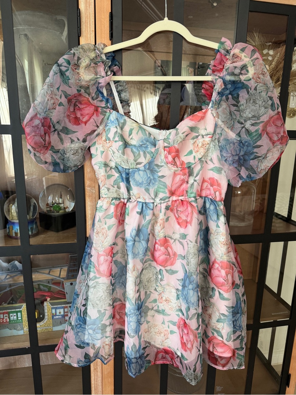 Babydoll mini dress Organza puff short sleeve selkie floral print sweetheart - Picture 4 of 8